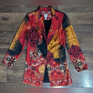 Chicos Women's Long Colorful Red Gold Black Oriental Single Button Blazer Size M